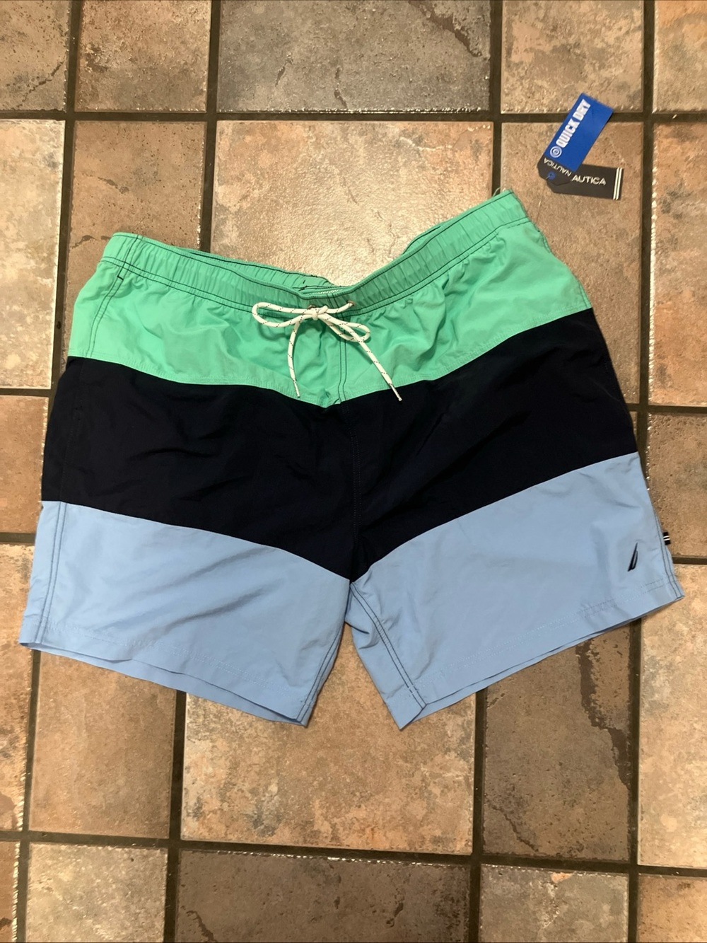 Nautica Men's Three-Panel Swim Shorts in Mint, Navy & Light Blue